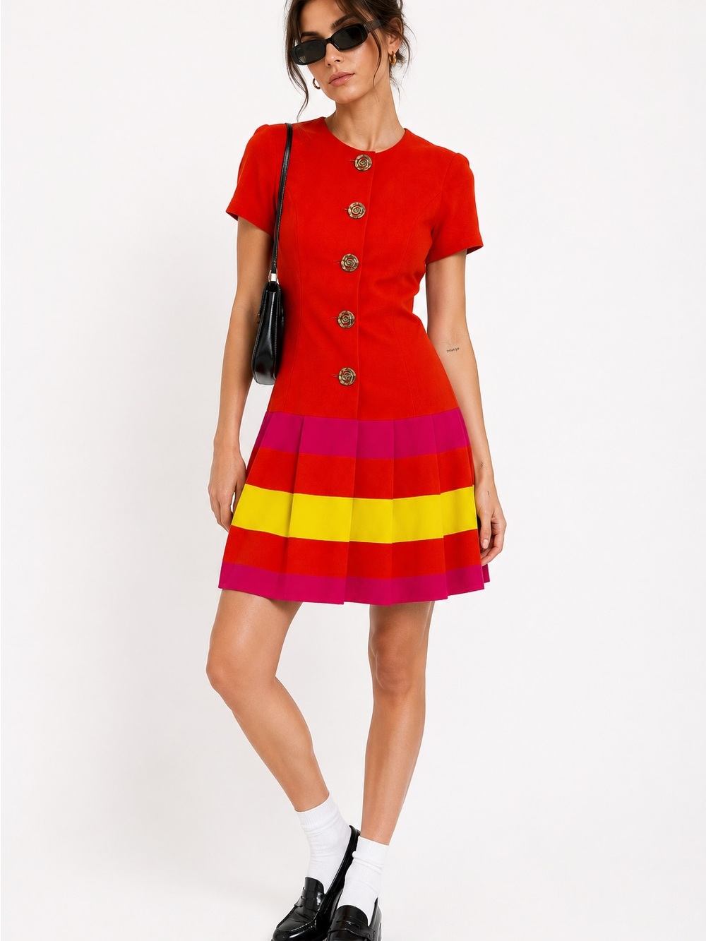Vintage 80s Colorblock Fit & Flare Dress USA Made Size 3/4 Gold Buttons